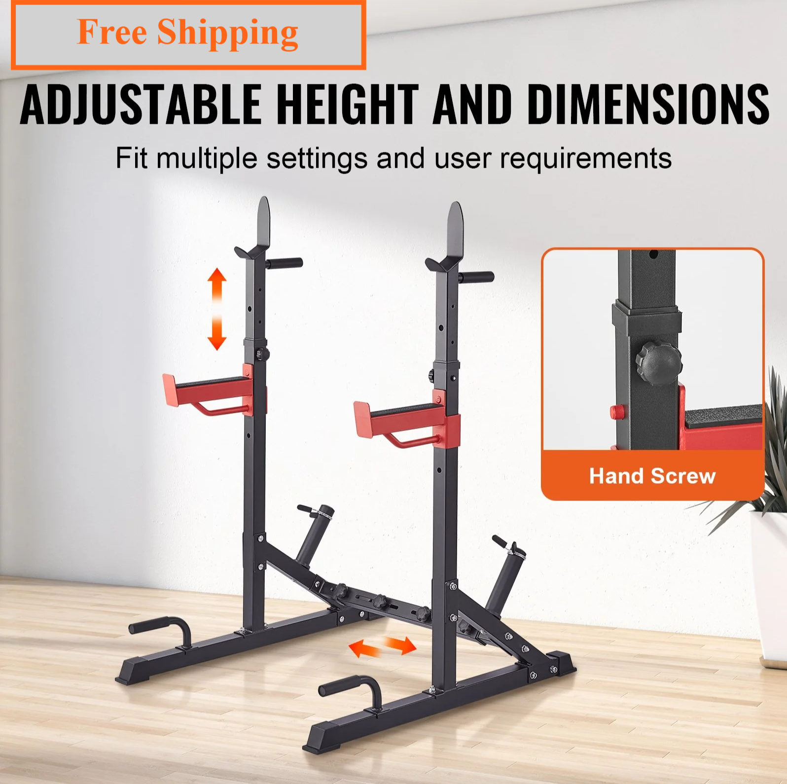 Adjustable Squat Rack with Bench Press Hooks & Weight Storage