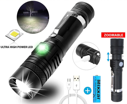 Ultra-Bright 90,000LM Tactical LED Flashlight – Zoomable, Waterproof, USB Rechargeable Battery Included