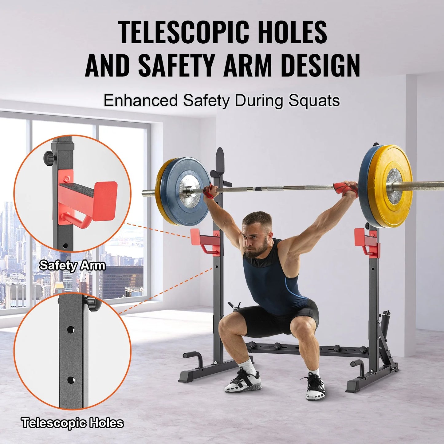 Adjustable Squat Rack with Bench Press Hooks & Weight Storage