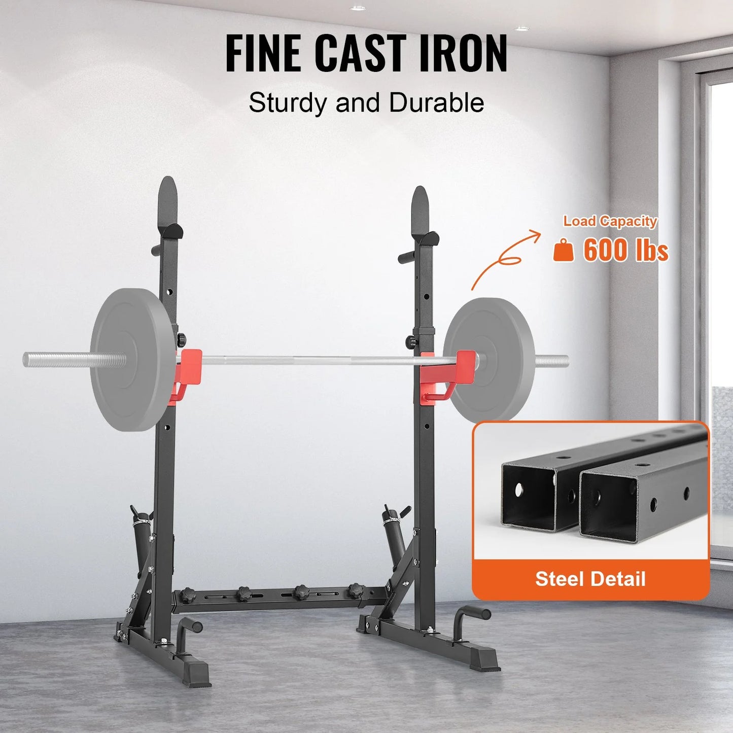 Adjustable Squat Rack with Bench Press Hooks & Weight Storage